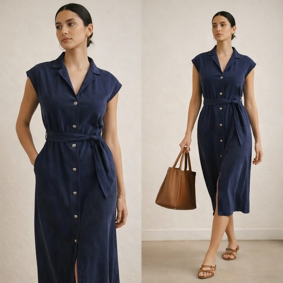Dresses & Skirts - Vtg 90s Navy Faux Suede Button Front Midi Dress Sz L Handmade Minimalist Artisan